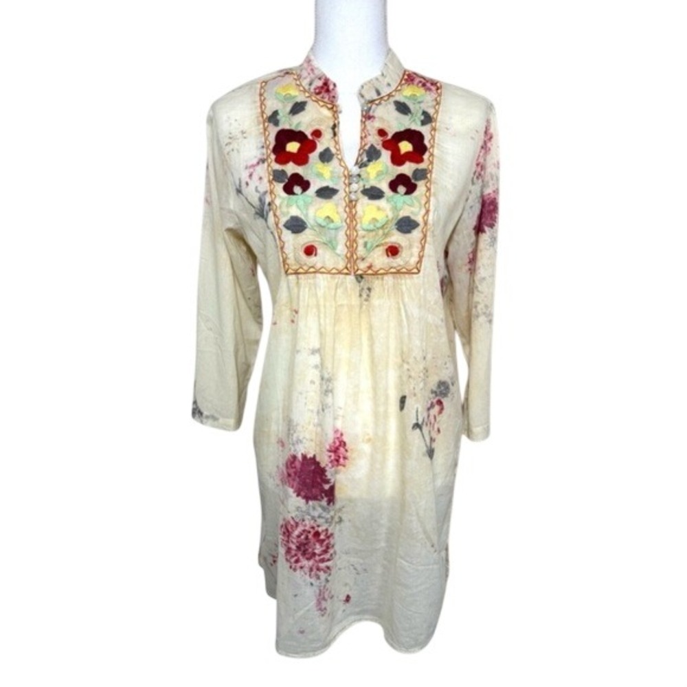 Vintage Goa Floral Embroidered Cream Cotton Tunic Women Large‎ - NWT